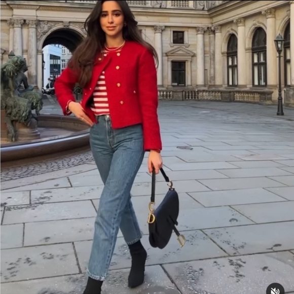 ZARA Double Breasted Blazer Lady Jacket Red Textured Tweed Boucle Size Medium - Picture 11 of 16